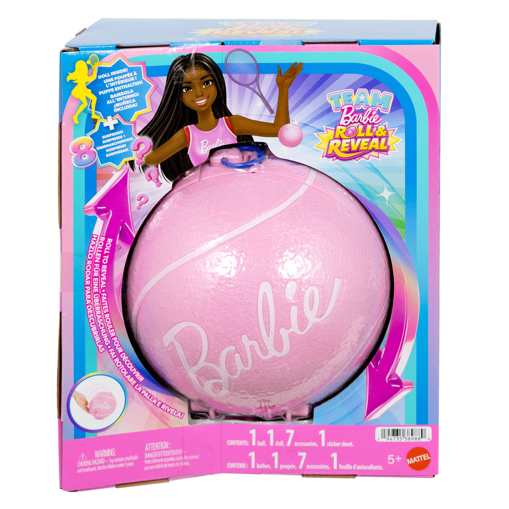 Barbie Team Barbie Roll &amp; Reveal Tenisçi bebek ve aksesuarları, esmer bebek, 8 sürpriz ve tenis topu kılıfı