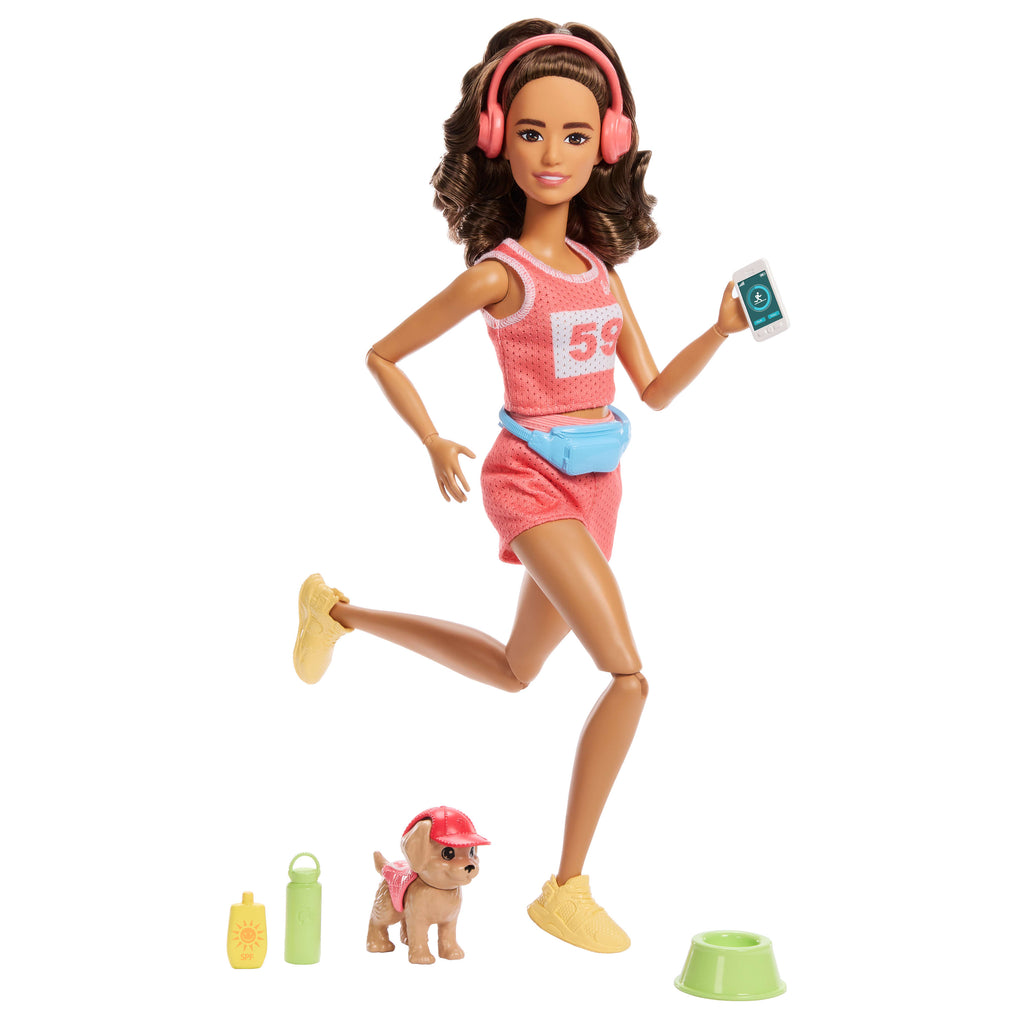 Barbie Style Sonsuz Hareket Sağlıklı Yaşam Koşucu Bebek, pembe forma ve şort, köpekçik, 9 aksesuar