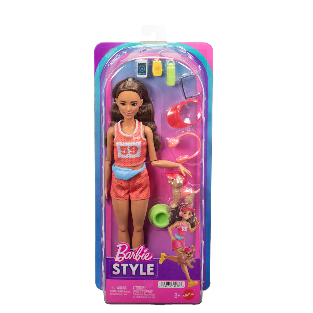 Barbie Style Sonsuz Hareket Sağlıklı Yaşam Koşucu Bebek, pembe forma ve şort, köpekçik, 9 aksesuar
