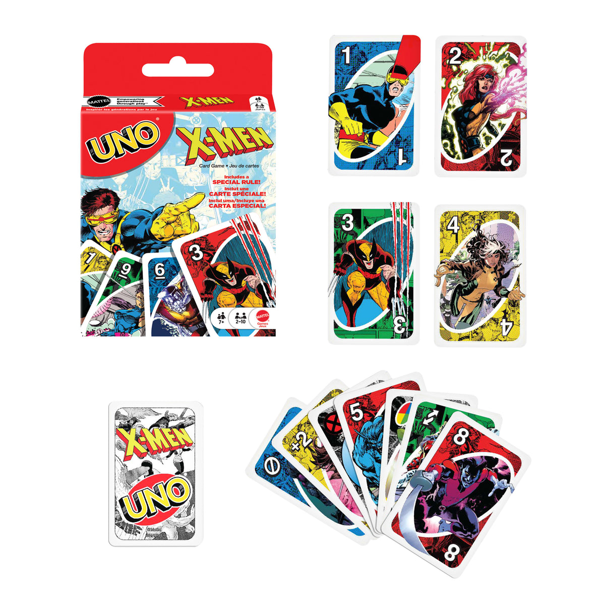Çocuklar, yetişkinler ve aileyle bir araya gelinen akşamlara uygun, 2-10 kişiyle oynanabilen UNO X-Men kartları, Marvel çizgi romanlarından ilham alan deste tasarımı