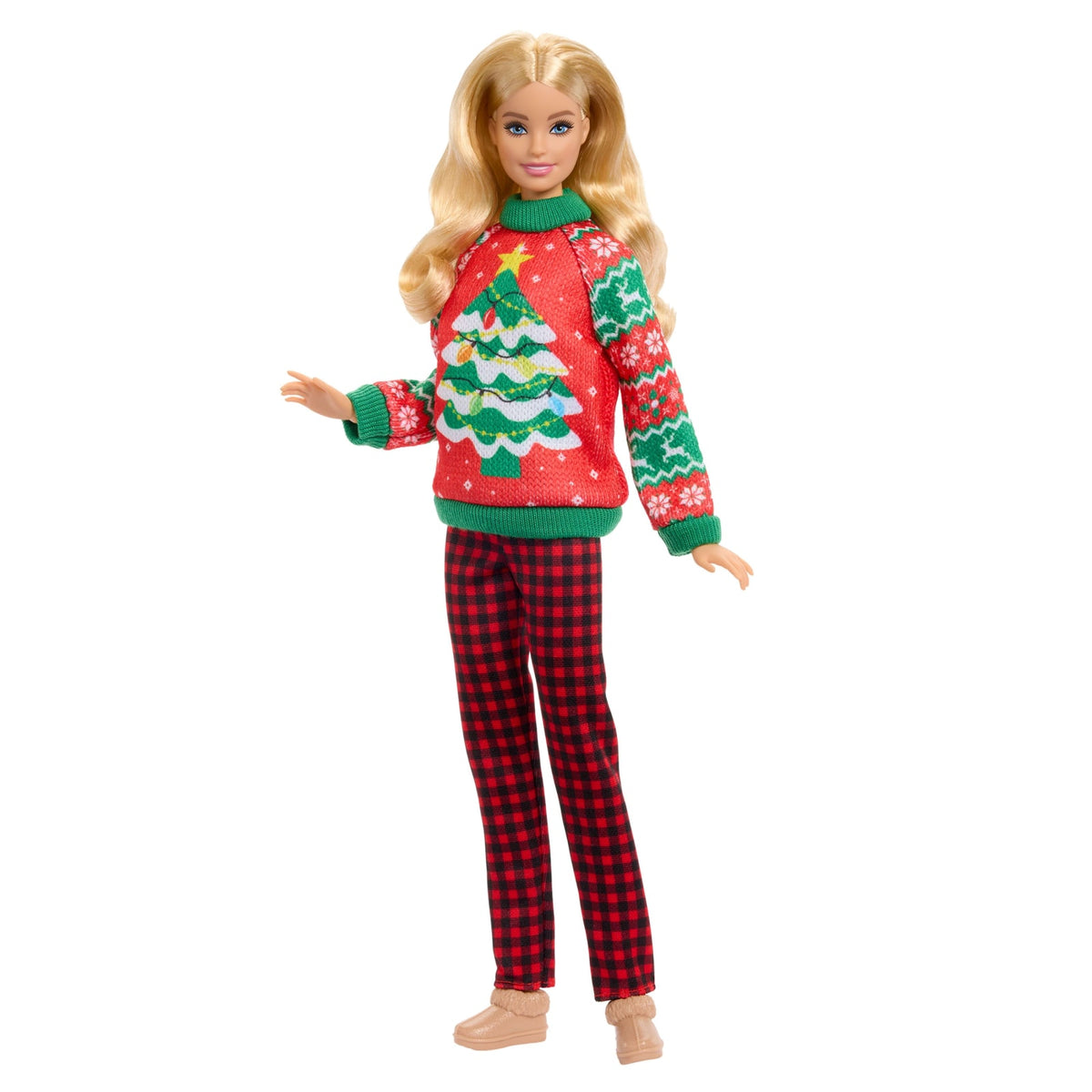 Barbie Holiday Sweater bebeği, yılbaşı kazağı giyen koleksiyona uygun bebek