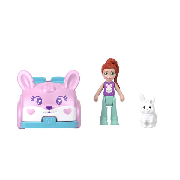 Polly Pocket Muhteşem Araçlar Tavşan Arabası, Mini Bebek, Beyaz Tavşan Figürü ve Metal Araç