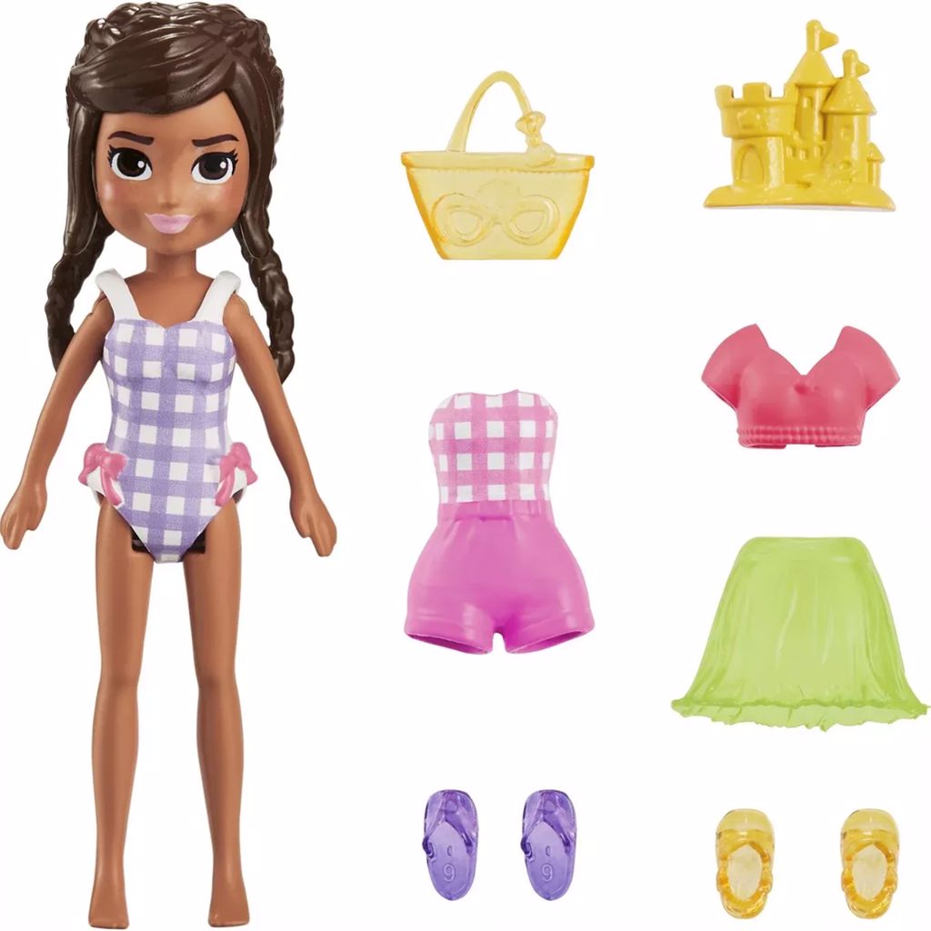 Polly Pocket ve Moda Aksesuarları Oyun Seti Plaj, 9 cm Bebek ve Değiştirilebilir Kıyafetler