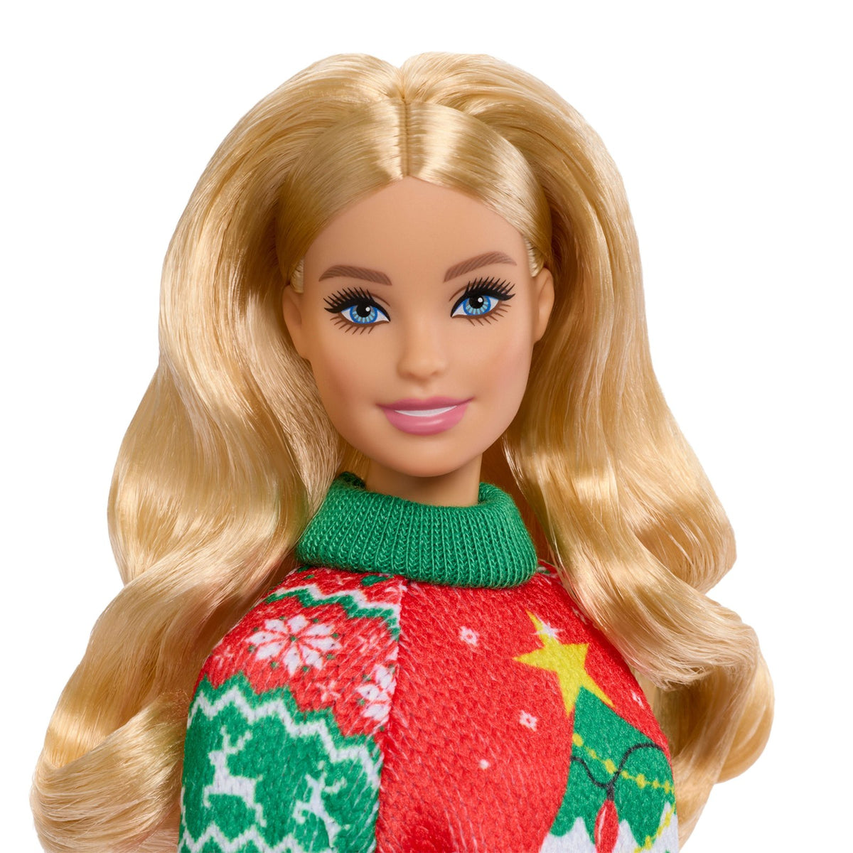 Barbie Holiday Sweater bebeği, yılbaşı kazağı giyen koleksiyona uygun bebek