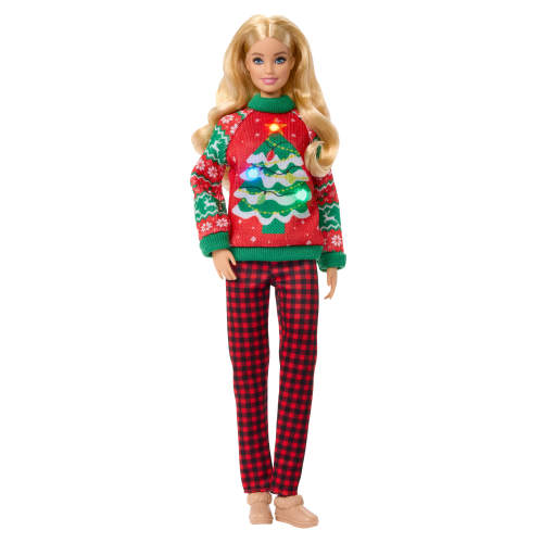 Barbie Holiday Sweater bebeği, yılbaşı kazağı giyen koleksiyona uygun bebek