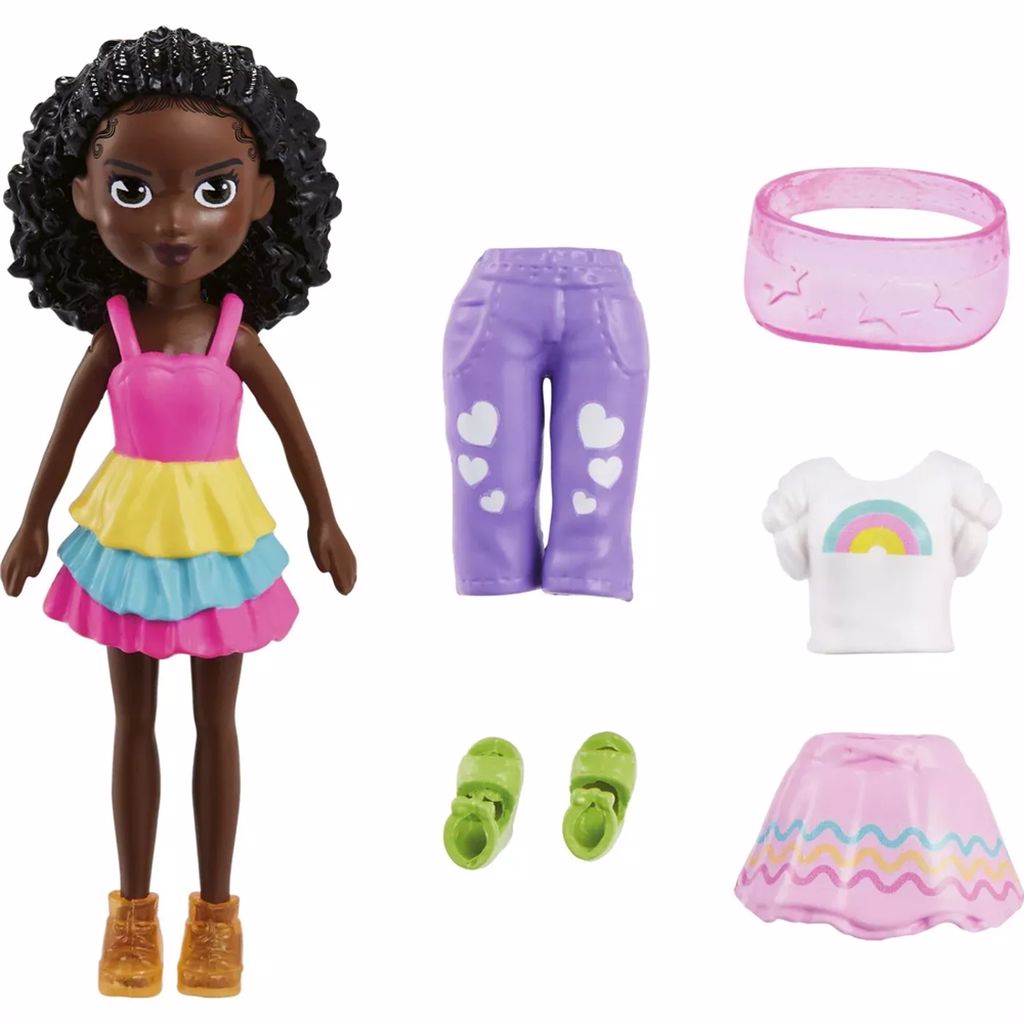Polly Pocket ve Moda Aksesuarları Oyun Seti Gökkuşağı, 9 cm Bebek ve Değiştirilebilir Kıyafetler