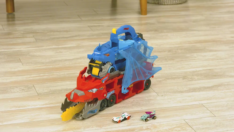 Hot Wheels City Dev Taşıyıcı Tır - Ejderha Fırlatma ve Pist Seti + 2 Adet 1:64 Ölçekli Metal Araba