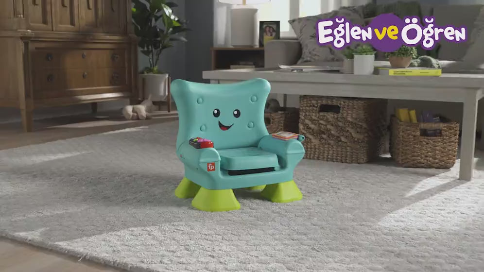 Birden fazla dil desteğiyle yürüme çağındaki çocuklar için turkuaz renkli elektronik ve eğitici Fisher-Price Eğlen ve Öğren Yaşa Göre Gelişim İlk Koltuğum