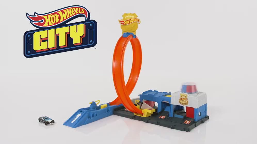 Hot Wheels® Polis İstasyonu Oyun Seti, 1:64 ölçekli oyuncak polis arabası ve ayarlanabilir pist çemberi