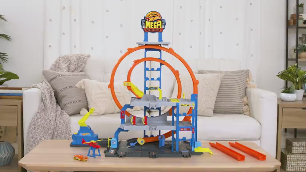 Hot Wheels City Mega Garaj oyun seti, 1:64 ölçekli 1 metal oyuncak araba ve 1 oyuncak helikopter