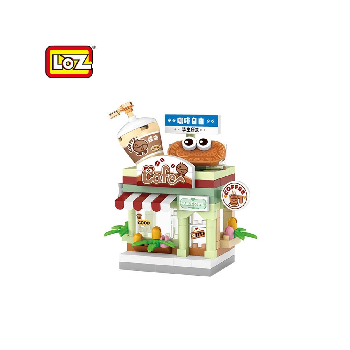 LOZ Coffee Shop Sokak Dükkânı — 120 Parça Mikro Blok Sergilik Set (14+)
